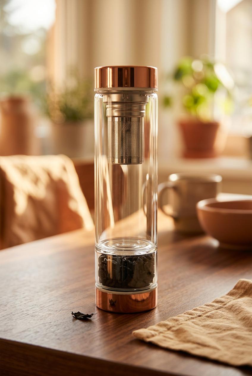 Kristall Trinkflasche mit Edelsteinen & Tee-Einsatz