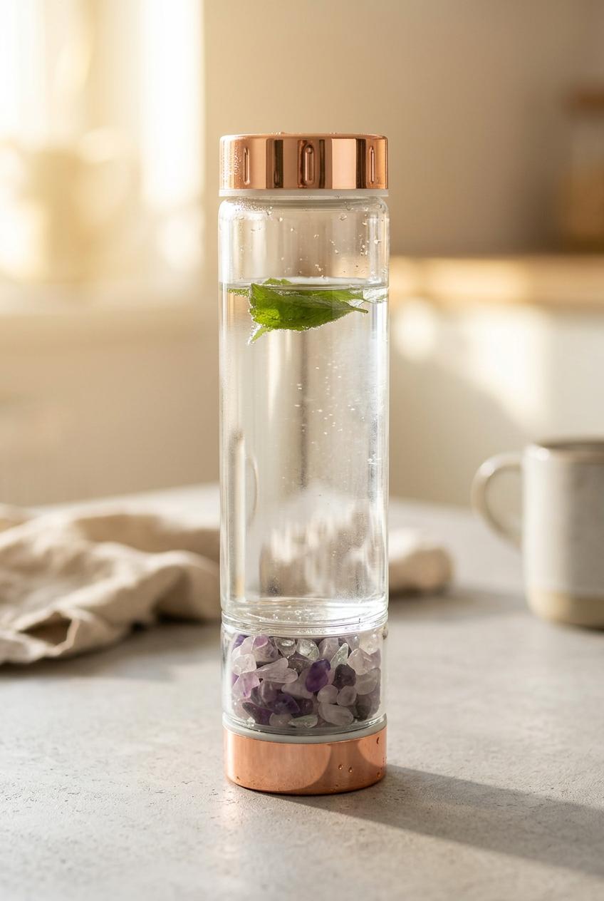 Kristall Trinkflasche mit Edelsteinen & Tee-Einsatz