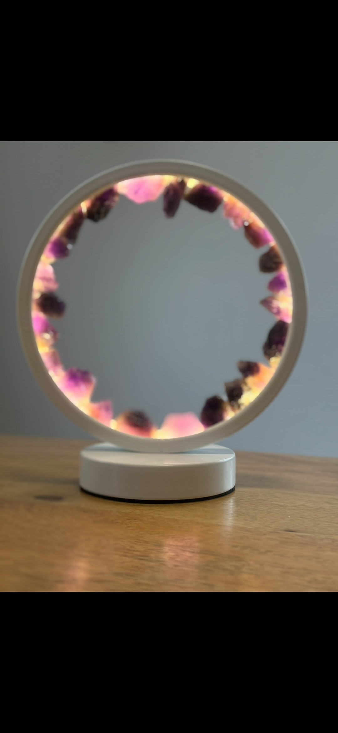 Edelstein-Lampe mit Rohsteinen – Herz mit Fluorit oder Kreis mit Amethyst
